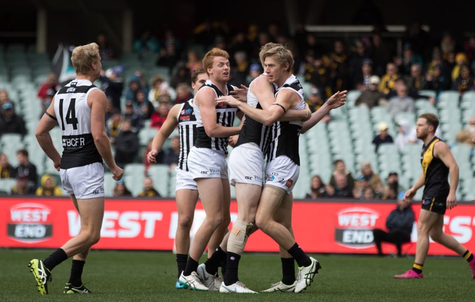 Magpies-Second-Semi-main.png Teammates flock to Todd Marshall after he slots a crucial goal during Port Adelaide's Second Semi Final win over Glenelg. - Port Adelaide Magpies